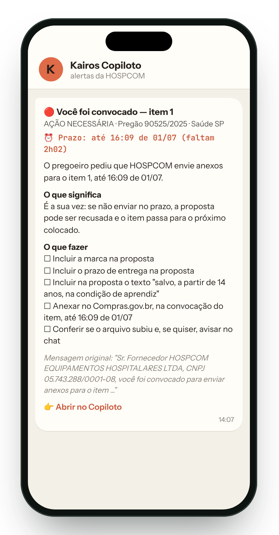 Alerta do Copiloto no celular com prazo, explicação e checklist